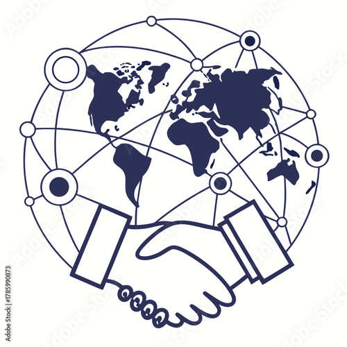 Global business partnership concept with handshake in front of world map symbolizes international collaboration, agreement, and worldwide network