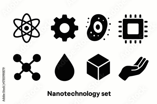 Nanotechnology icon set: atom, gear, cell, chip, molecule, drop, cube, hand