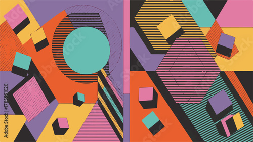 Memphis Style Geometric Abstract Background with Cubes and Triangles in Bold Colors Keywords: abstract, geometric, pattern, Memphis style, 1980s, retro, cubes, triangles