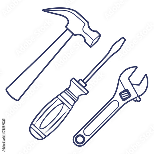Illustration of a hammer, screwdriver, and adjustable wrench ideal for diy, construction, or home repair projects