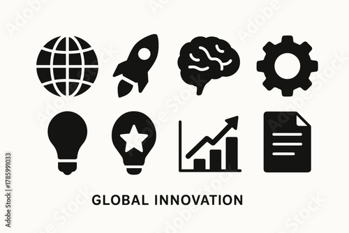 Global innovation icons: globe, rocket, brain, gear, lightbulbs, chart, document