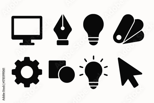 Graphic design icons set: monitor, pen, light bulb, palette, gear, shapes, cursor