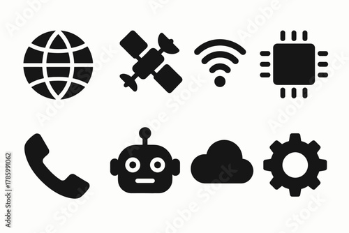 Technology icons set: globe, satellite, wifi, microchip, phone, robot, cloud, gear