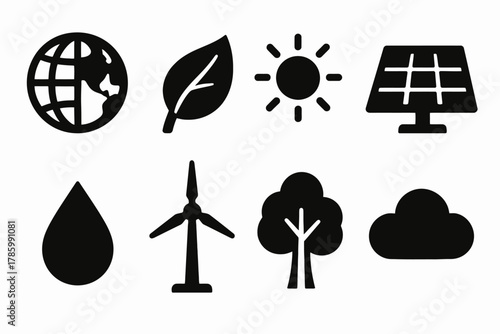 Sustainable energy icons set: globe, leaf, sun, solar panel, water, wind turbine, tree, cloud