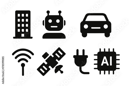 Icon set: building, robot, car, wifi, satellite, plug, ai chip