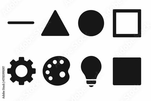 Assorted black icons: line, triangle, circle, square, gear, palette, bulb, box
