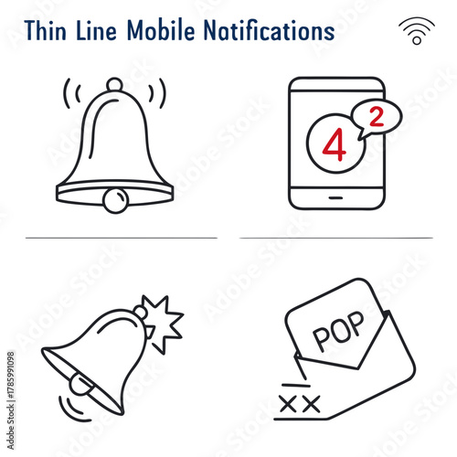 Mobile notifications thin line icons set bell ringing, smartphone message, pop up letter, notification sound linear illustrations vector