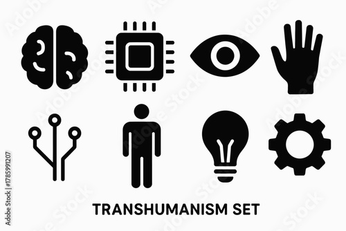 Transhumanism icons: brain, chip, eye, hand, circuit, human, bulb, gear