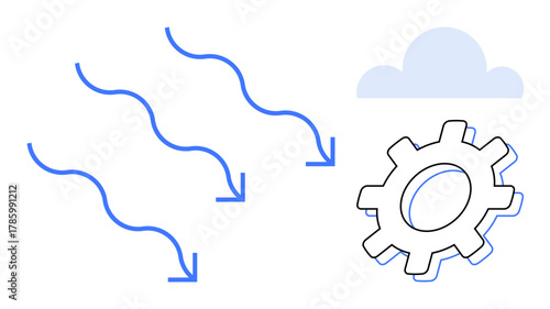Blue airflow arrows, a cogwheel, and a cloud together symbolize process optimization, innovation, sustainability, environmental processes. Ideal for engineering, technology, efficiency
