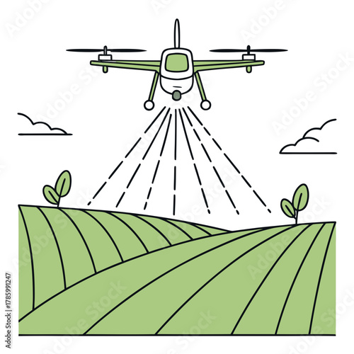 Illustration of a drone spraying crops in a field the image represents precision agriculture, technology in farming, and modern agricultural practices