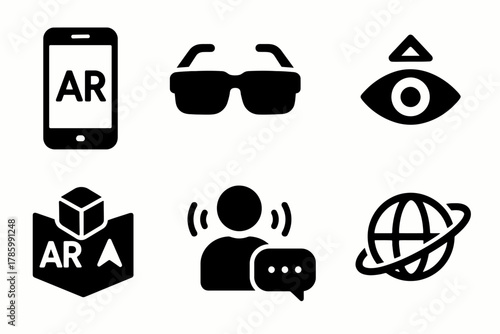 Augmented reality icons: phone, glasses, eye, map, chat, globe
