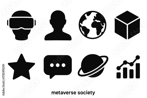 Metaverse society icons: virtual reality, global connectivity, digital world