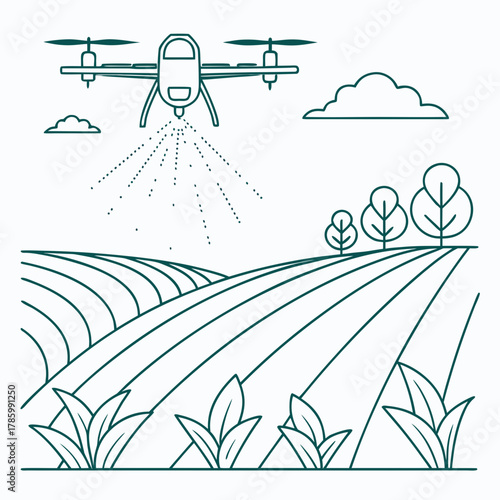 Illustration of a drone spraying crops in a field the image represents precision agriculture, technology in farming, and modern agricultural practices