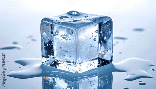 Close-up of a melting ice cube on a reflective surface.