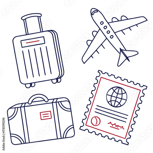 Illustration of travel icons, including a suitcase, airplane, and passport stamp, perfect for travel blogs, websites, and social media posts