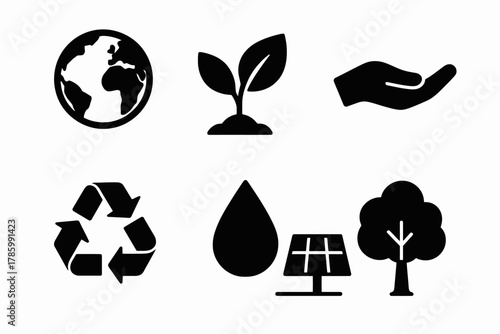 Eco-friendly icons: earth, plant, hand, recycle, water, solar, tree symbols