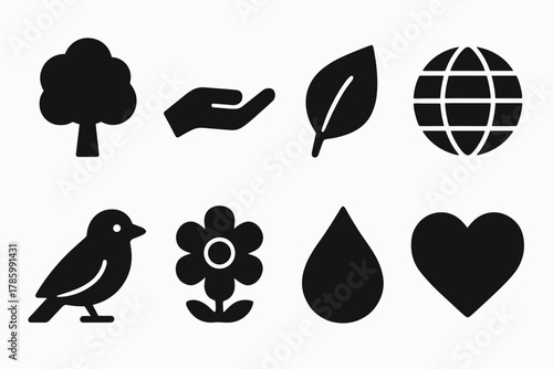Eco-friendly icons: nature, conservation, and sustainability symbols collection