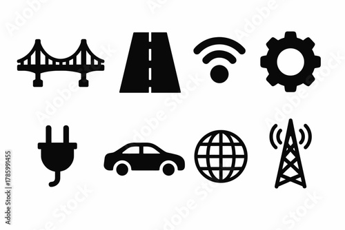 Infrastructure icons: bridge, road, wifi, gear, plug, car, globe, antenna