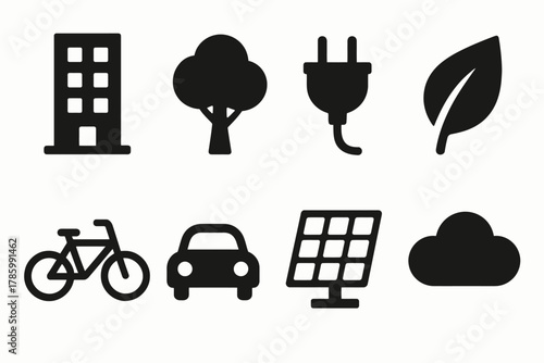 Eco-friendly icons: building, tree, energy, leaf, bike, car, solar, cloud