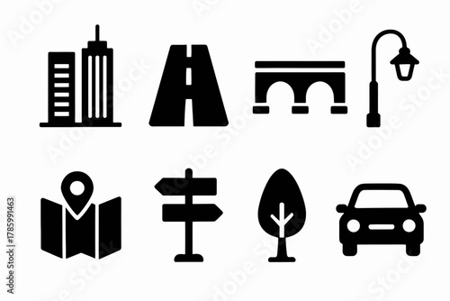 Urban icons set: cityscape, highway, landmark, street lamp, map, signpost, tree, car