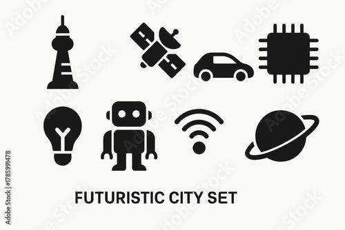 Futuristic city symbols: tower, satellite, car, chip, lightbulb, robot, wifi, planet