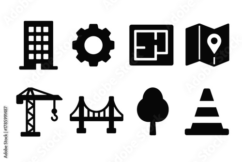 Set of urban planning icons: construction, architecture, and navigation symbols