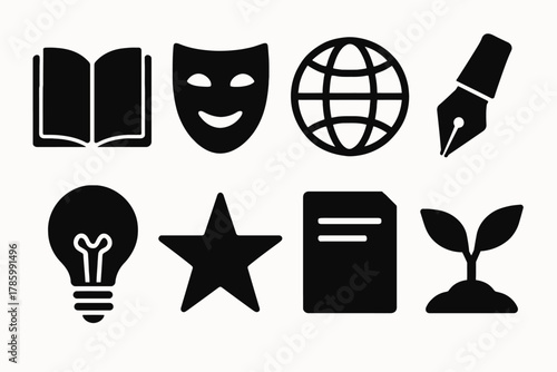 Set of black education and creativity icons: book, mask, globe, pen, bulb, star, document, plant