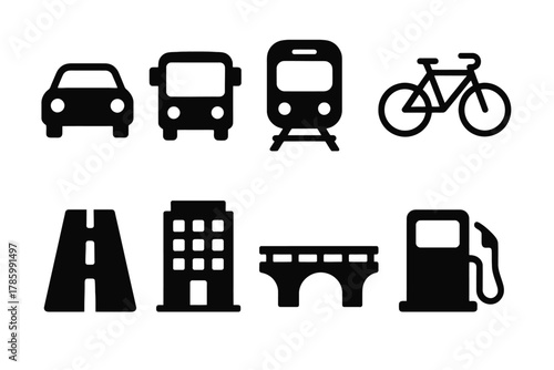Transportation and infrastructure icons: car, bus, train, bicycle, road, building, bridge, gas pump
