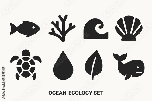 Silhouette icons of marine life and ocean ecology elements
