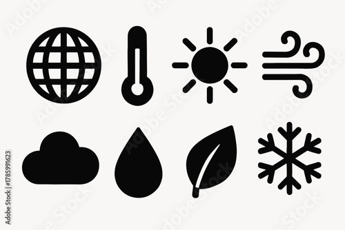 Weather icons: sun, wind, cloud, snow, leaf, temperature, globe, raindrop symbols