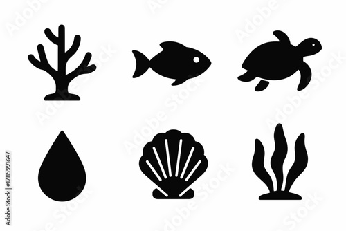 Aquatic symbols: fish, turtle, coral, shell, seaweed, water drop icons