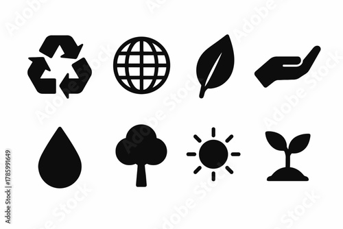 Eco symbols: recycle, globe, leaf, hand, water, tree, sun, plant icons