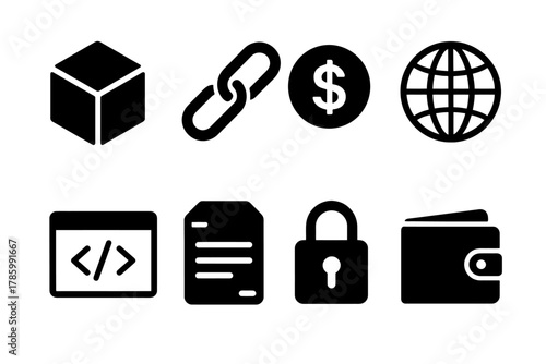 Blockchain and cryptocurrency icons: security, wallet, global and technical symbols