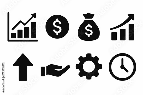 Business icons: graphs, money, growth, gear, clock, hand, arrow symbols in black