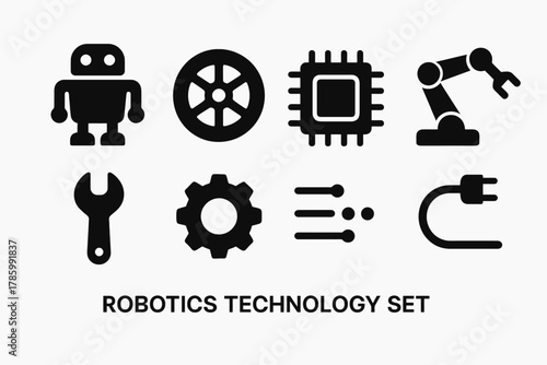 Robotics technology set: icons of robot, gear, circuit, arm, tools, and connections