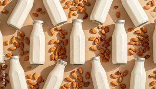Almond Milk Bottles and Almonds on Beige Background.