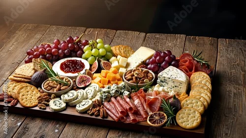 Rustic charcuterie board with cheese, grapes, and nuts prepared for thanksgiving dinner