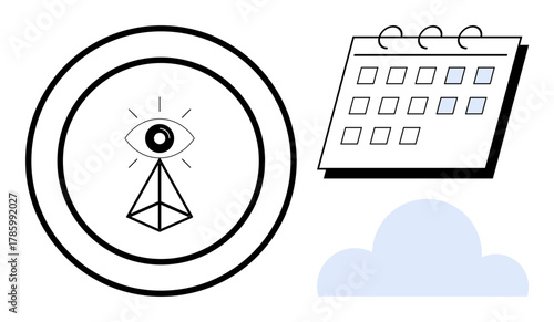 Eye inside pyramid encircled by rays, a calendar with highlighted dates, and a cloud. Ideal for vision, strategy, planning, technology, connectivity mindfulness future focus. Simple flat metaphor