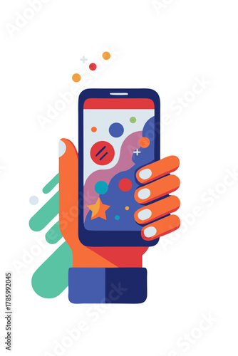 Colorful smartphone held by a hand with abstract designs in background  