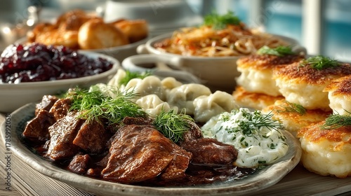Traditional Eastern European cuisine on a wooden table. Generative AI