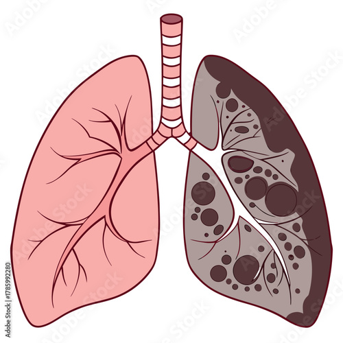 Illustration of healthy lungs compared to lungs damaged by pollution effects like smoking diseases or living in city
