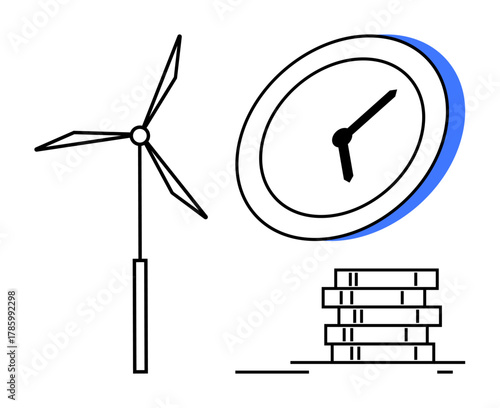 Wind turbine, tilted clock, and stacked coins symbolizing renewable energy, time value, and financial sustainability. Ideal for sustainability, time management, clean energy, innovation investment