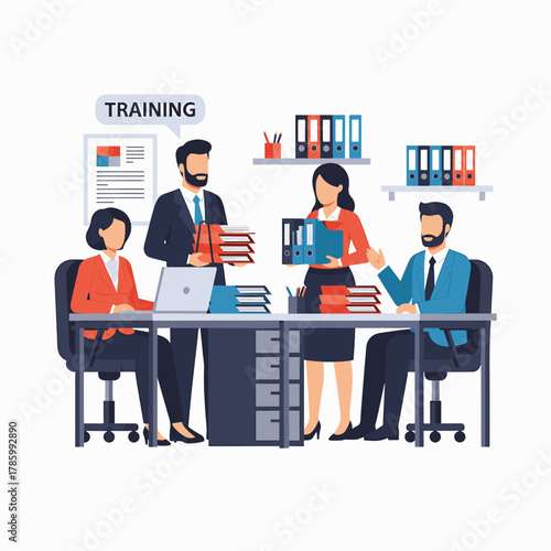 Business training session illustration showing people in a meeting with documents and laptop