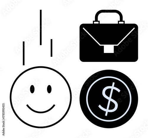 Smiling face with vertical lines, briefcase symbolizing work or career, dollar coin for finance and wealth. Ideal for business, finance, growth, investment, success, positivity and work-life
