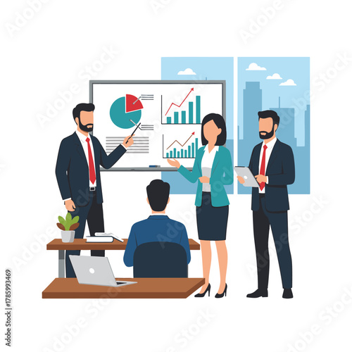Business team conducting a presentation with charts and graphs in a modern office environment