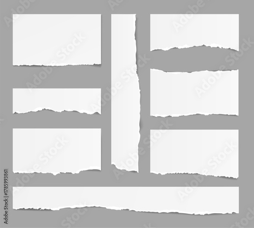 White ripped paper strips collection. Realistic paper scraps with torn edges. Sticky notes, shreds of notebook pages. Vector illustration.