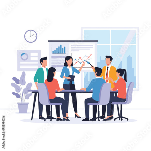 Business team discussing financial data and strategy during a presentation in an office setting