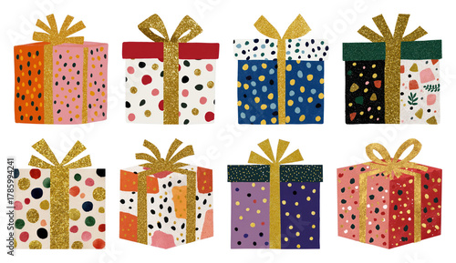 PNG Colorful patterned gift boxes, element set on transparent background