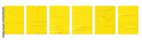 Yellow paper wrinkled poster template , blank glued creased paper sheet mockup. Yellow poster mockup on wall. empty paper mockup. 