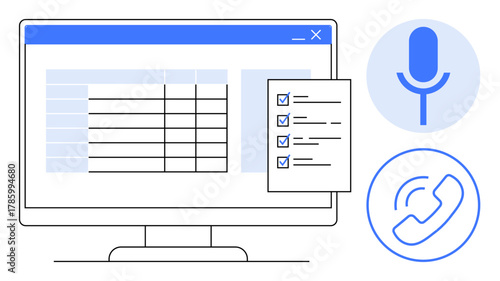 Computer screen displaying a data table and checklist. Circular icons for microphone and phone represent voice input, data management, communication tools. Ideal for technology, productivity